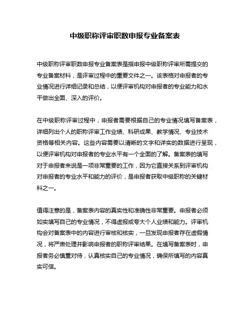 中级职称评审职数申报专业备案表