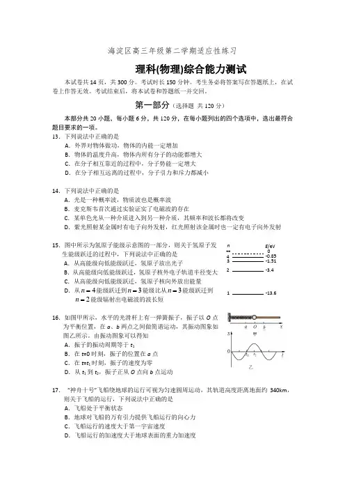 2014届海淀区高三年级第二学期适应性练习物理及答案