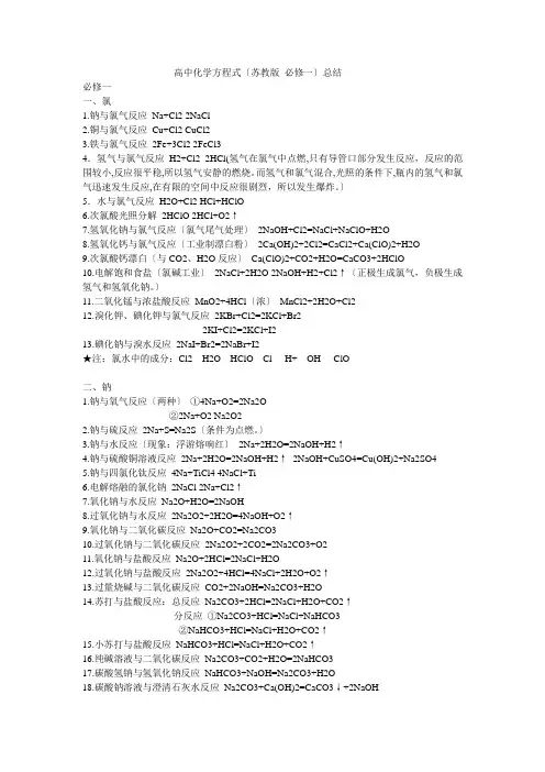 高中化学方程式(苏教版-必修一)总结