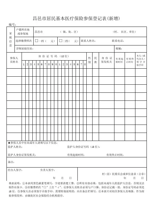 昌邑市居民基本医疗保险新参保登记表
