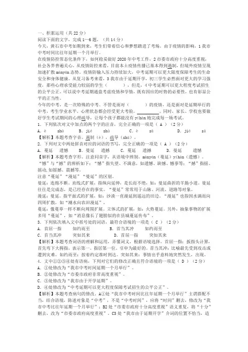 语言积累与运用练习与答案(2020年湖北省黄石市中考题)