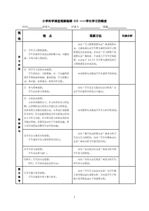 【免费下载】小学科学课堂观察提纲3学生学习的维度