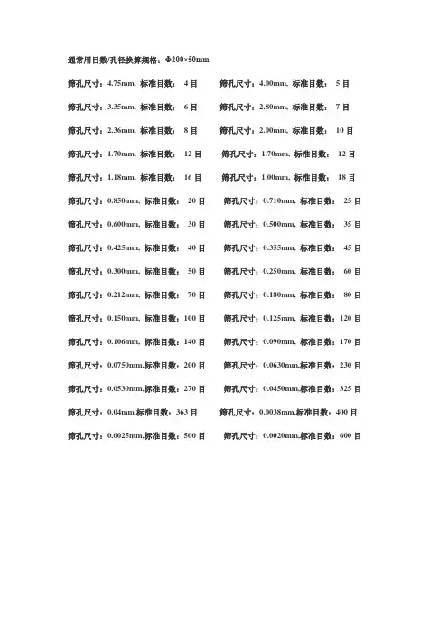 孔径与目数对照