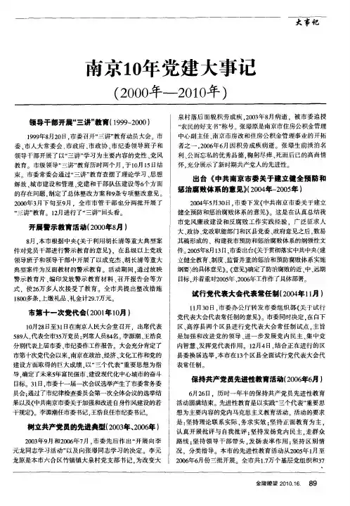 南京10年党建大事记(2000年-2010年)