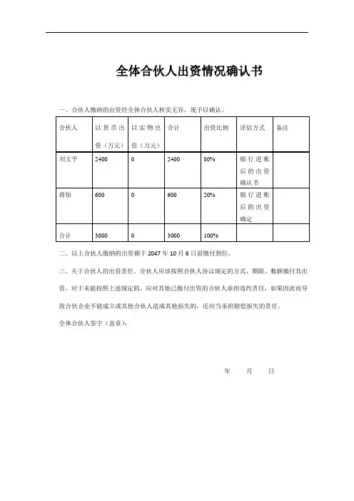 全体合伙人出资情况确认书
