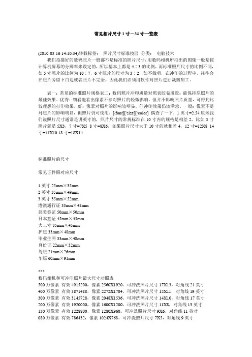 常见相片尺寸1寸-34寸一览表