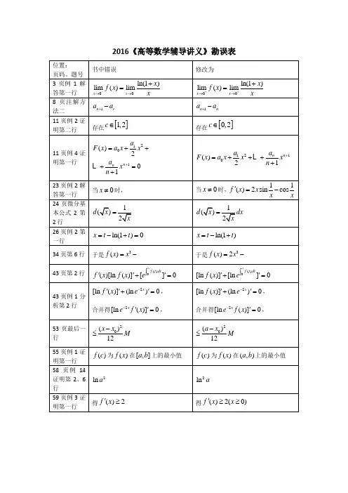 《高等数学辅导讲义》勘误表