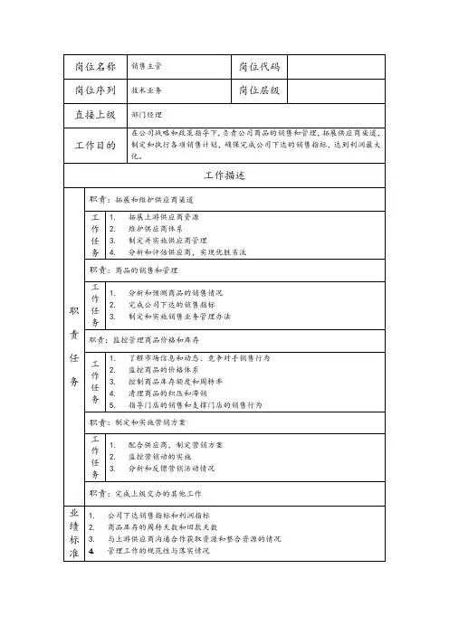 销售主管岗位职责说明书