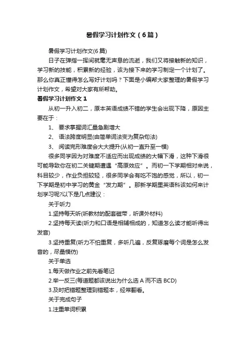 暑假学习计划作文（6篇）