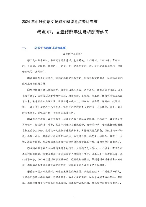 考点07：文章修辞手法赏析(练习)(教师版)2024年小升初语文 记叙文阅读专讲专练