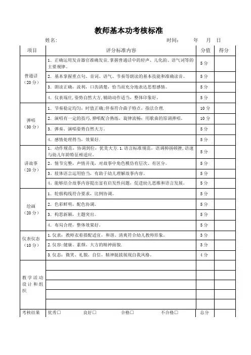 幼儿园教师基本功评分表