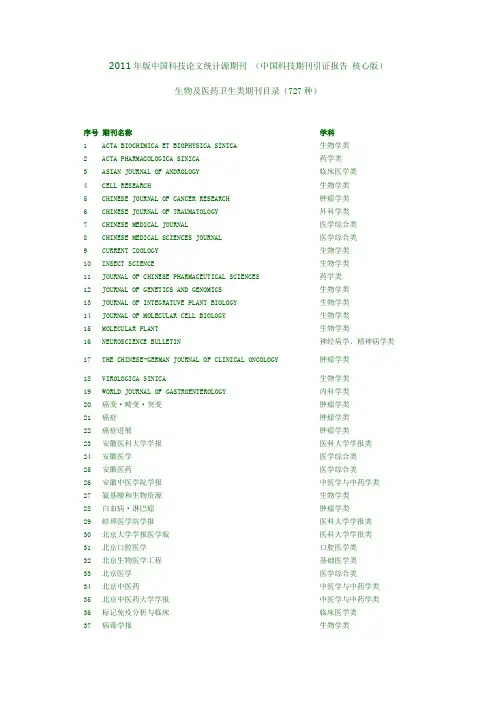 全最新2012年版中国科技论文统计源期刊(医药卫生及生物类