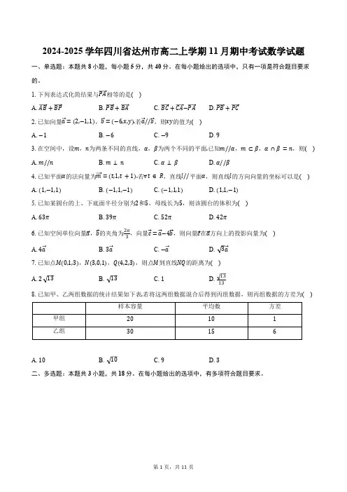 2024-2025学年四川省达州市高二上学期11月期中考试数学试题(含答案)