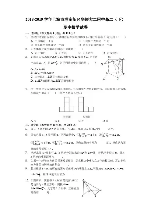 20182019学年上海市浦东新区华师大二附中高二下期中数学试卷解析版.docx
