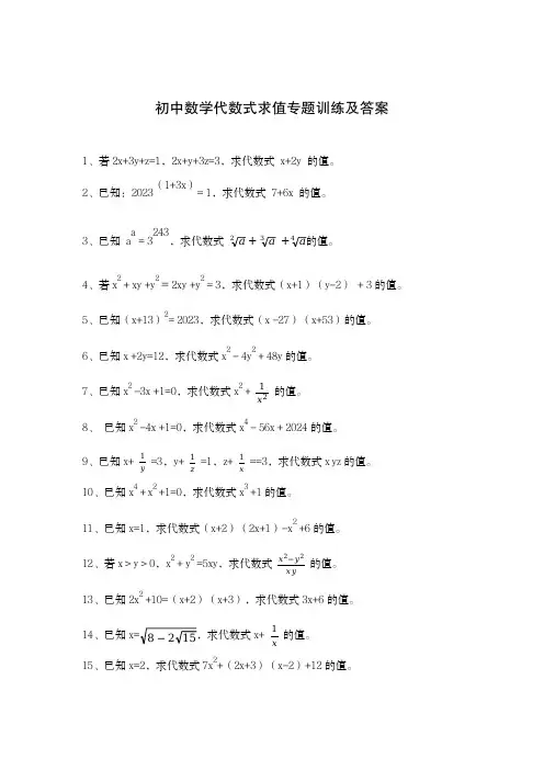 初中数学代数式求值专题训练及答案