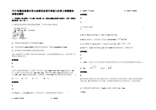 2020年湖北省黄石市大冶黄冈启明中学高三化学上学期期末试卷含解析