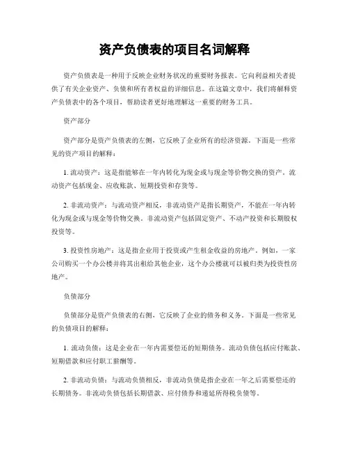 资产负债表的项目名词解释