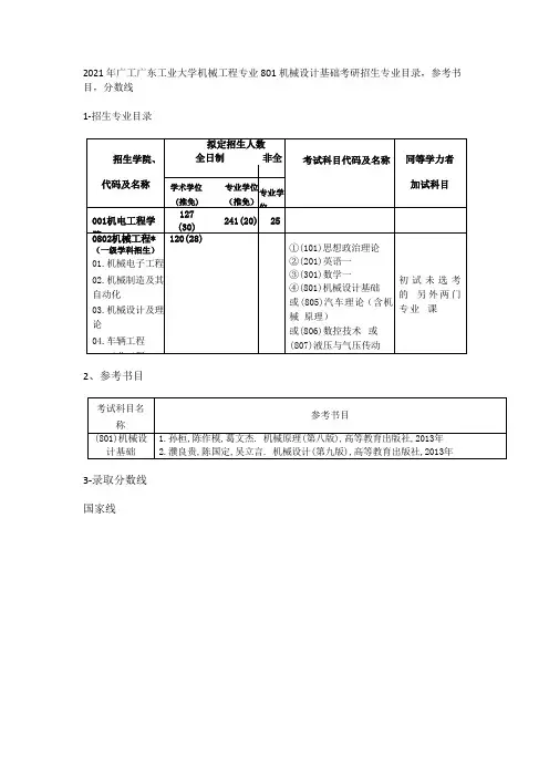 2021年广工广东工业大学机械工程专业801机械设计基础考研招生专业目录,参考书目,分数线