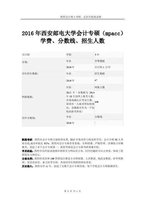2016年西安邮电大学会计专硕(mpacc)学费、分数线、招生人数