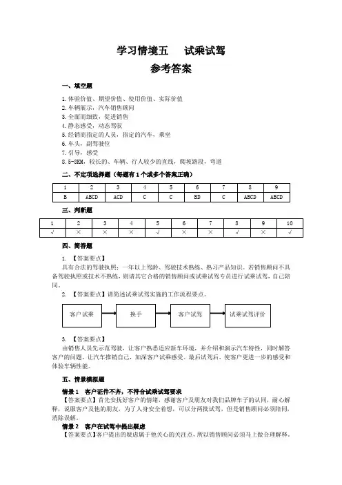 汽车销售顾问4学习情境四试乘试驾基础知识训练参考答案