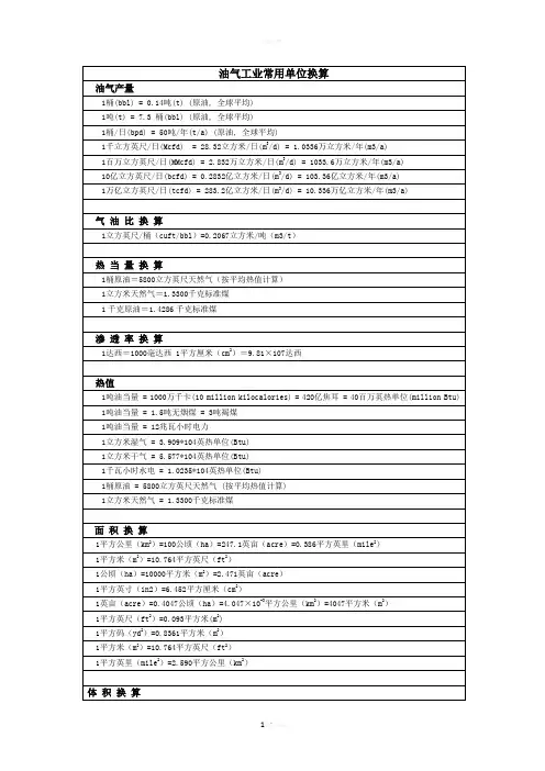 油气单位换算及常用词汇