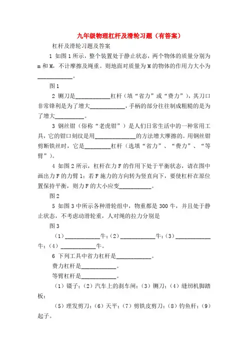 【初三物理试题精选】九年级物理杠杆及滑轮习题(有答案)