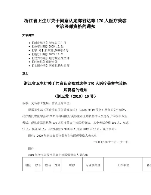 浙江省卫生厅关于同意认定郑君达等170人医疗美容主诊医师资格的通知