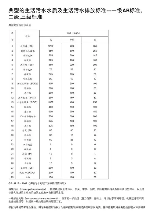 典型的生活污水水质及生活污水排放标准---一级AB标准,二级,三级标准