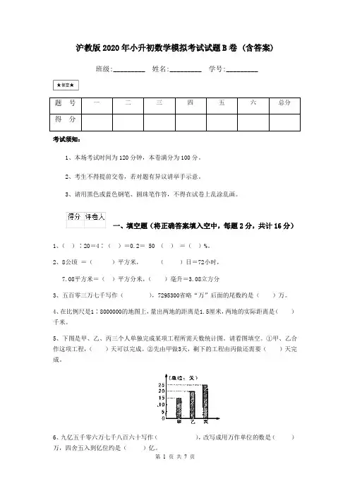 沪教版2020年小升初数学模拟考试试题B卷 (含答案)