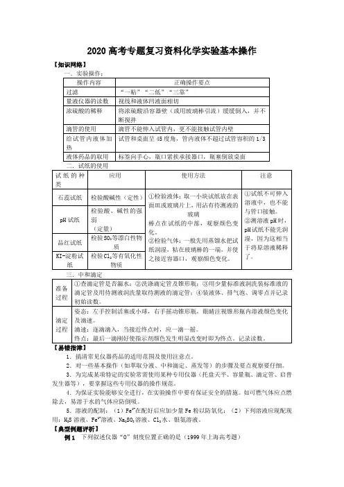 2020高考化学专题复习资料实验基本操作