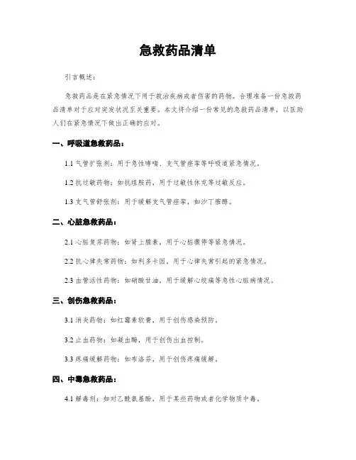 急救药品清单