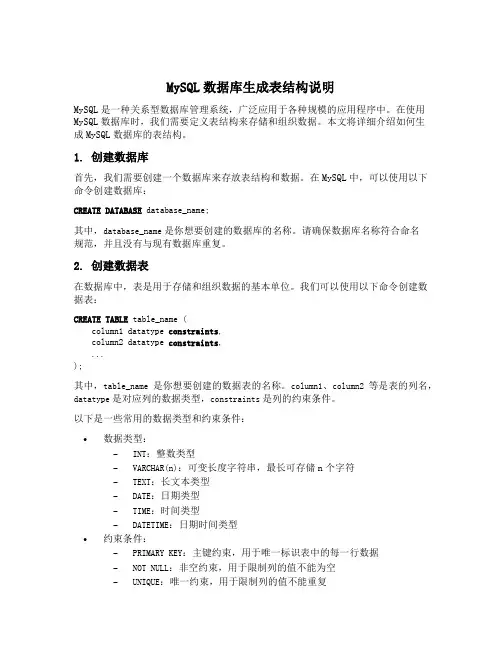 mysql 数据库生成表结构说明