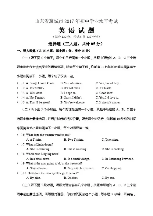2017年山东省聊城市中考 英语 试题+答案+听力(纯word精校版)