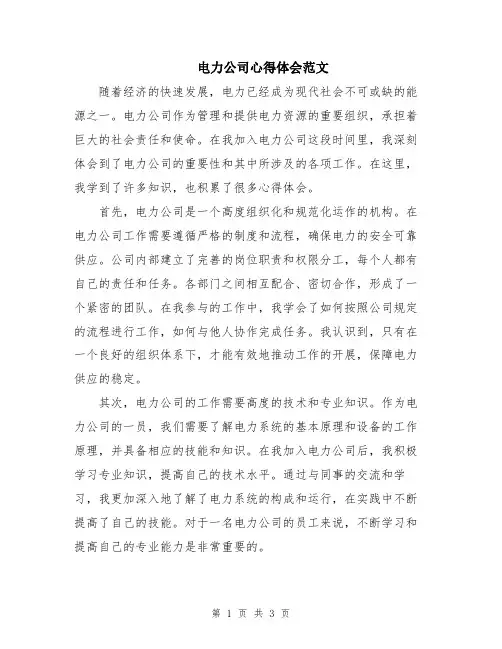 电力公司心得体会范文