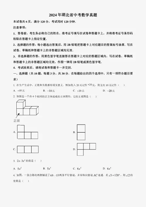2024年湖北省中考真题数学真题(学生版+解析版)