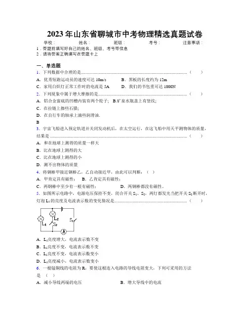 2023年山东省聊城市中考物理精选真题试卷及解析