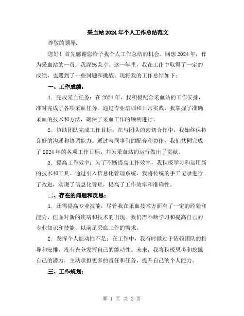 采血站2024年个人工作总结范文