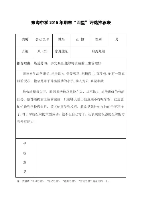 “劳动之星”推荐表【范本模板】