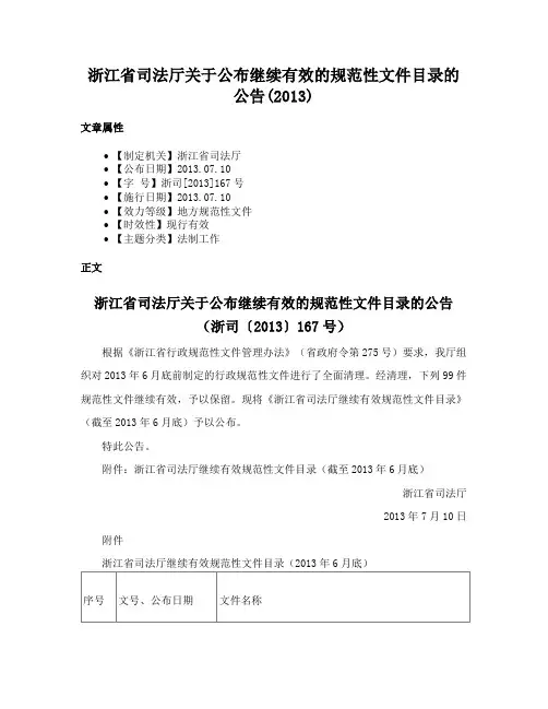 浙江省司法厅关于公布继续有效的规范性文件目录的公告(2013)