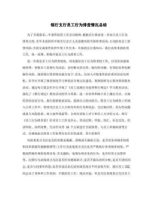 银行支行员工行为排查情况总结