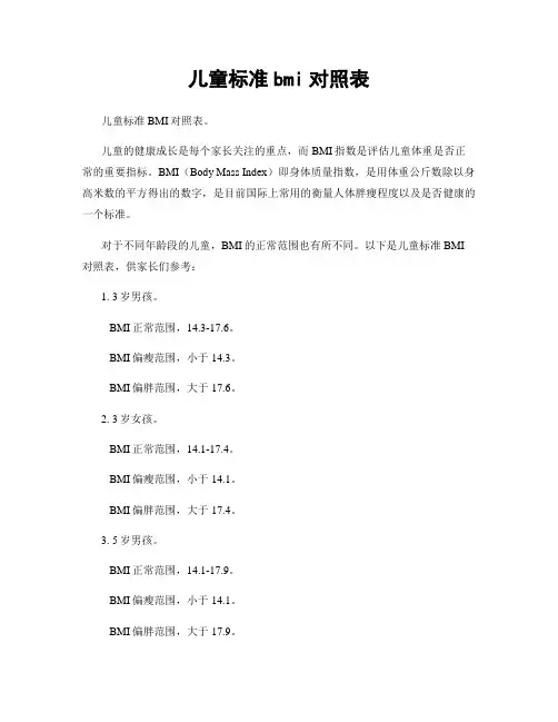 儿童标准bmi对照表