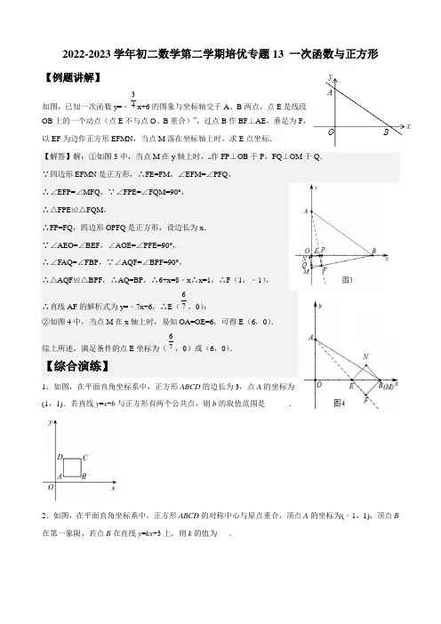 2022-2023学年初二数学第二学期培优专题13 一次函数与正方形