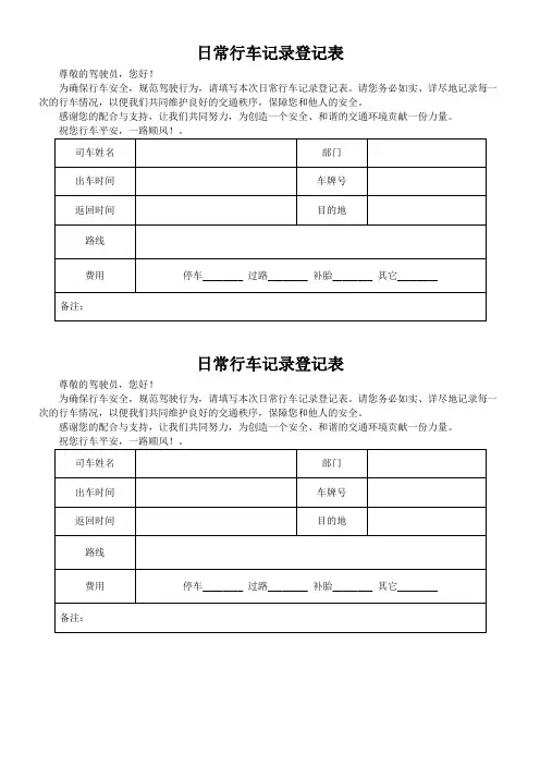日常行车记录登记表格模板(可修改)