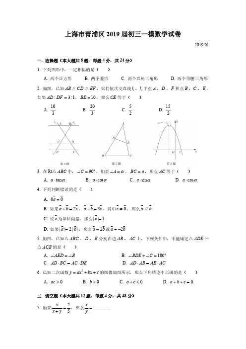 上海市青浦区2019届初三数学一模试卷