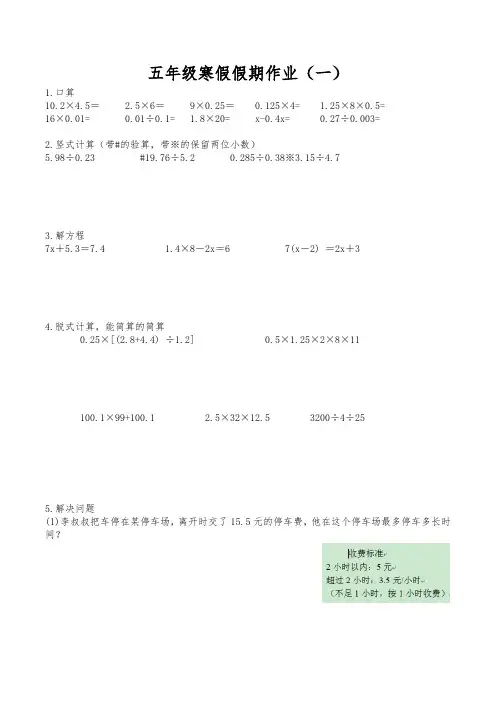 年春节假期五年级数学天天练(可直接打印)