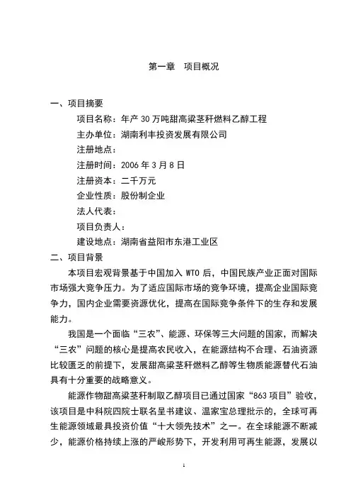 年产30万吨甜高粱茎秆燃料乙醇工程项目可行性报告