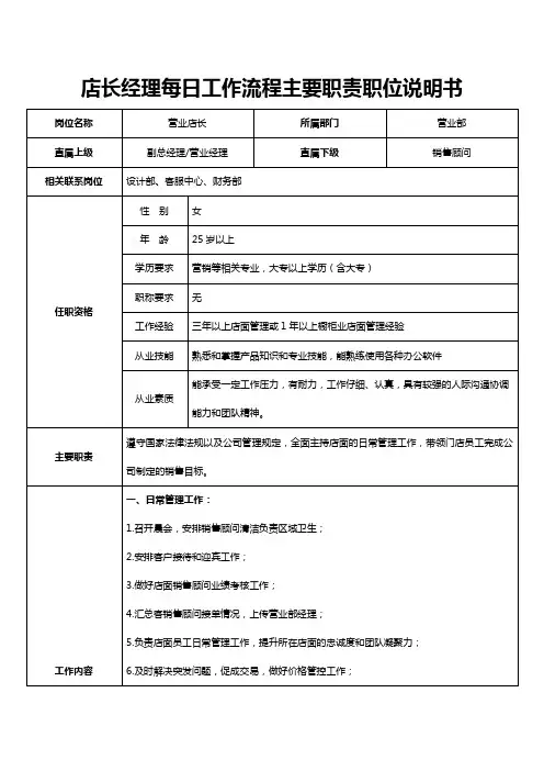 店长经理每日工作流程主要职责职位说明书