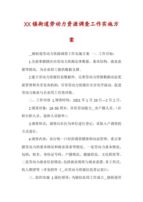 XX镇街道劳动力资源调查工作实施方案