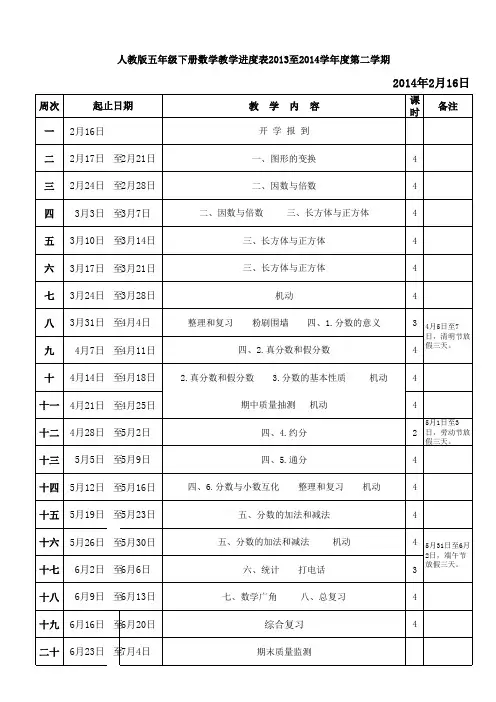 人教版五年级下册数学教学进度表、教学安排2013至2014学年度第二学期