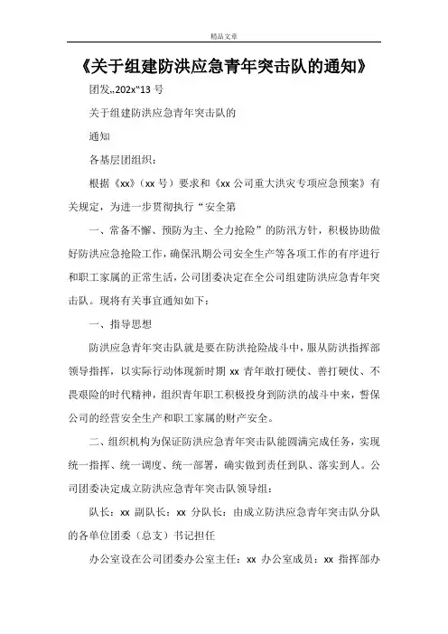 《关于组建防洪应急青年突击队的通知》